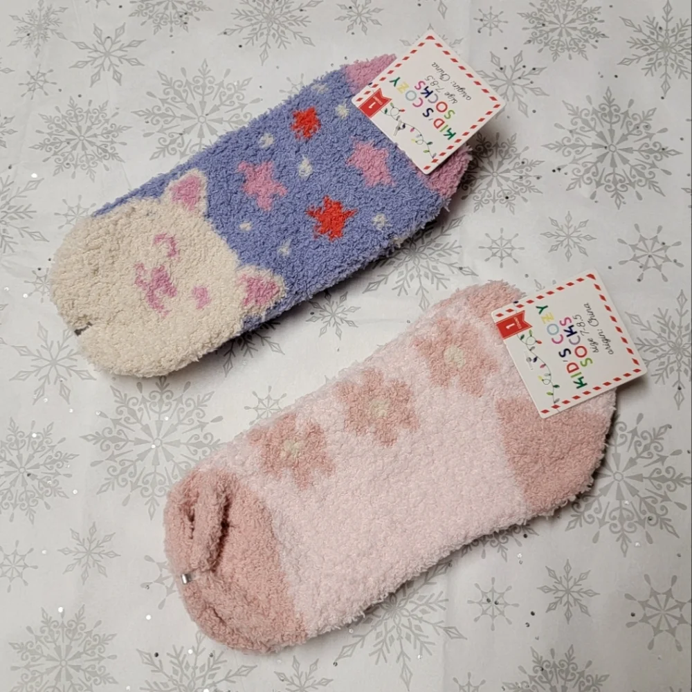 Kid's Cozy Socks Fuzzy Winter Socks for Girls Flowers Kitty with Stars Snowflake